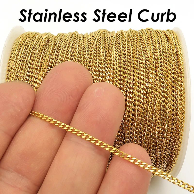 10 Meters - Stainless Steel Chain Bulk Wholesale Tarnish Free Gold Silver Curb Link Chain by Length Yard Foot for Jewelry Making - The Discount Plug