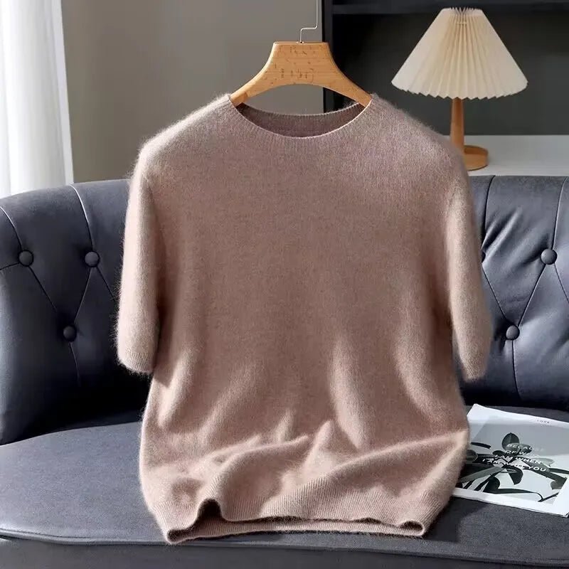 100% Mink Cashmere Knitted Short Sleeved Men's Loose Round Neck Solid Color Half Sleeved Simple T-Shirt Casual Business Cashmere - The Discount Plug