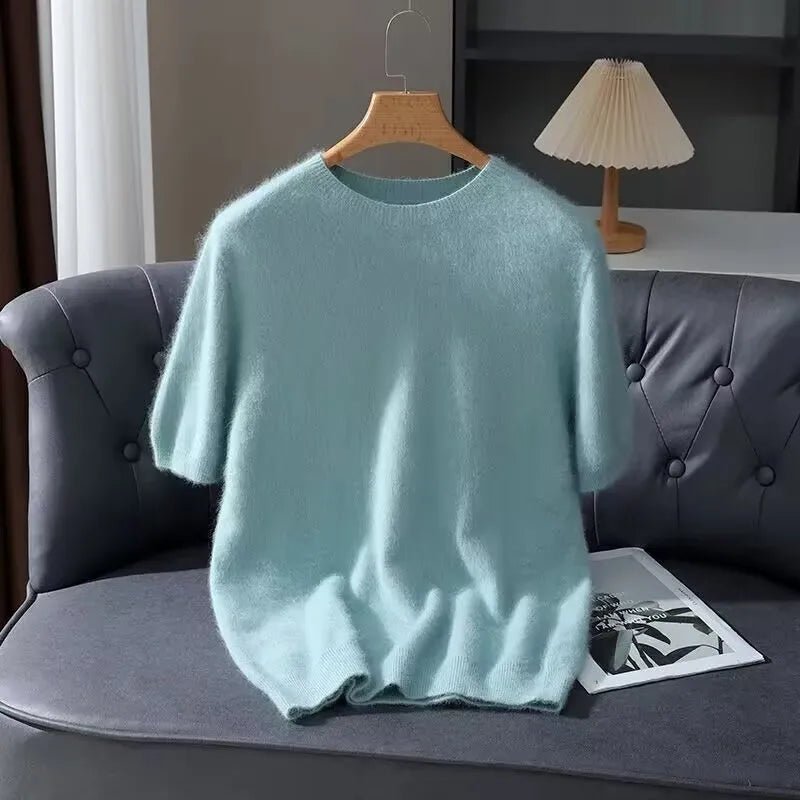 100% Mink Cashmere Knitted Short Sleeved Men's Loose Round Neck Solid Color Half Sleeved Simple T-Shirt Casual Business Cashmere - The Discount Plug