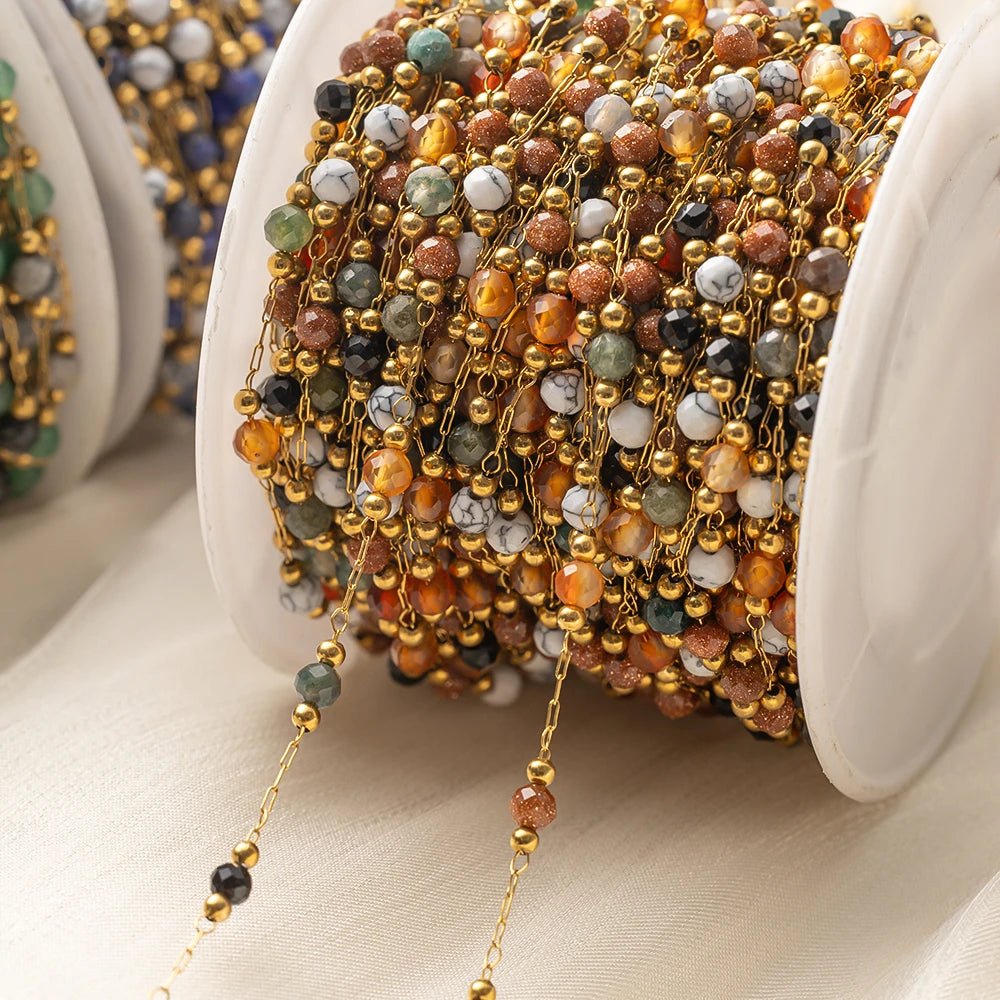 1Meter Elegant Mix Round Stone Beads 3mm Stainless Steel Chain for Jewelry Making DIY Necklaces Bracelet Clothing Craft Supplies - The Discount Plug