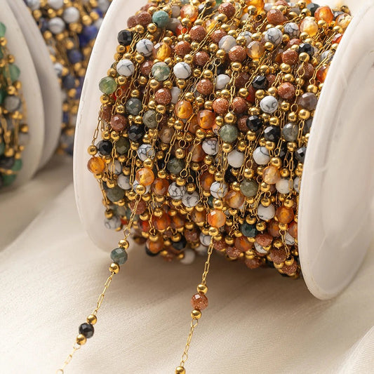 1Meter Elegant Mix Round Stone Beads 3mm Stainless Steel Chain for Jewelry Making DIY Necklaces Bracelet Clothing Craft Supplies - The Discount Plug