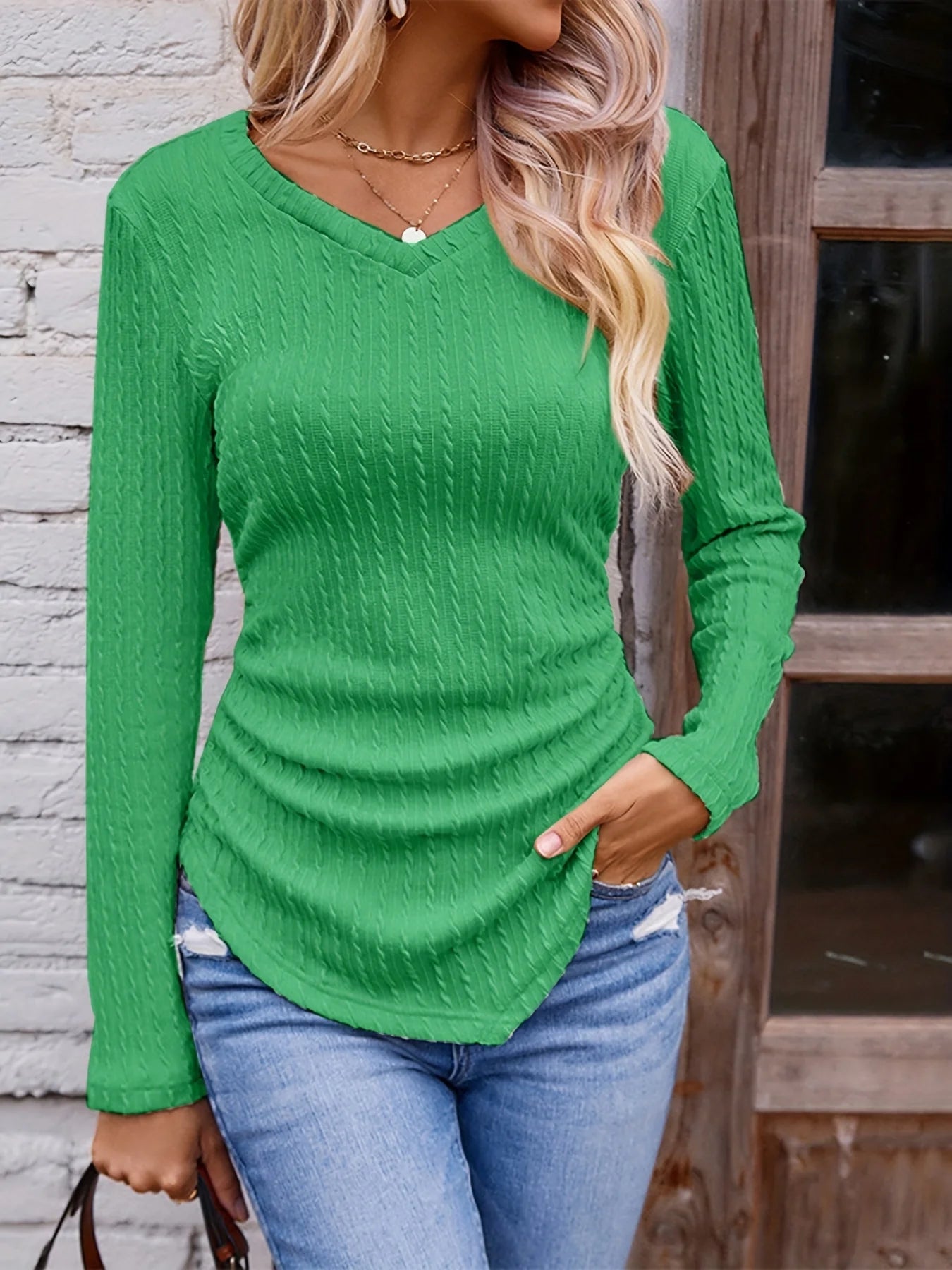 2024 Autumn and Winter Hot Sale Women's Long Sleeve Irregular Slim V Neck Solid Color Knitwear - The Discount Plug