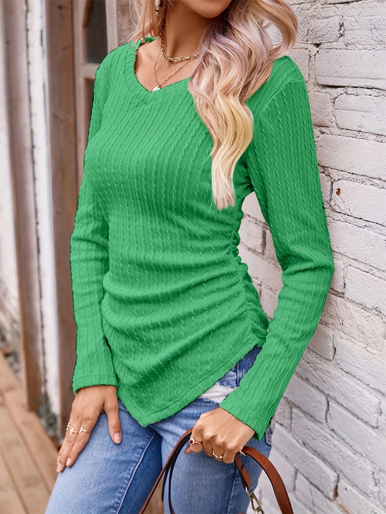 2024 Autumn and Winter Hot Sale Women's Long Sleeve Irregular Slim V Neck Solid Color Knitwear - The Discount Plug