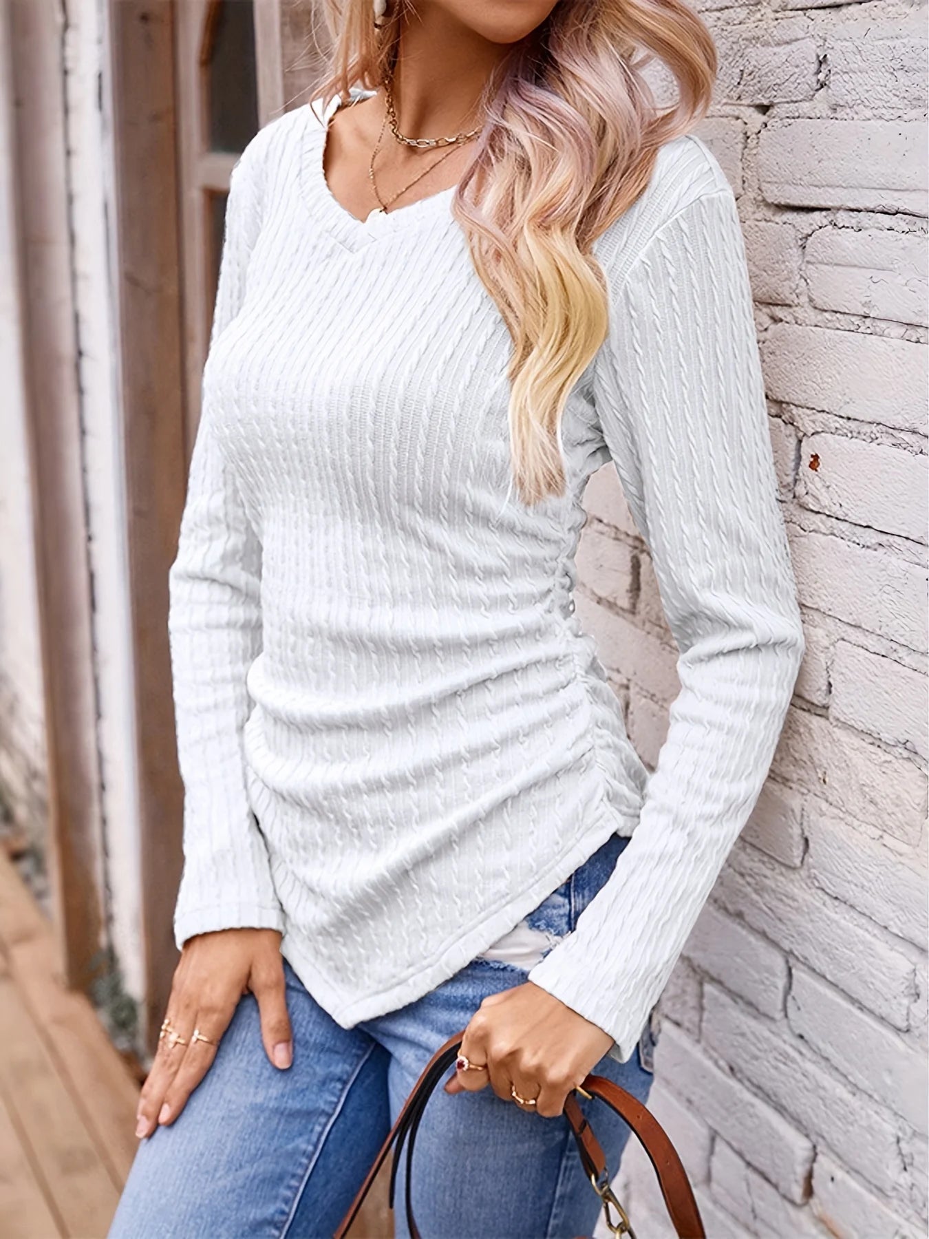 2024 Autumn and Winter Hot Sale Women's Long Sleeve Irregular Slim V Neck Solid Color Knitwear - The Discount Plug
