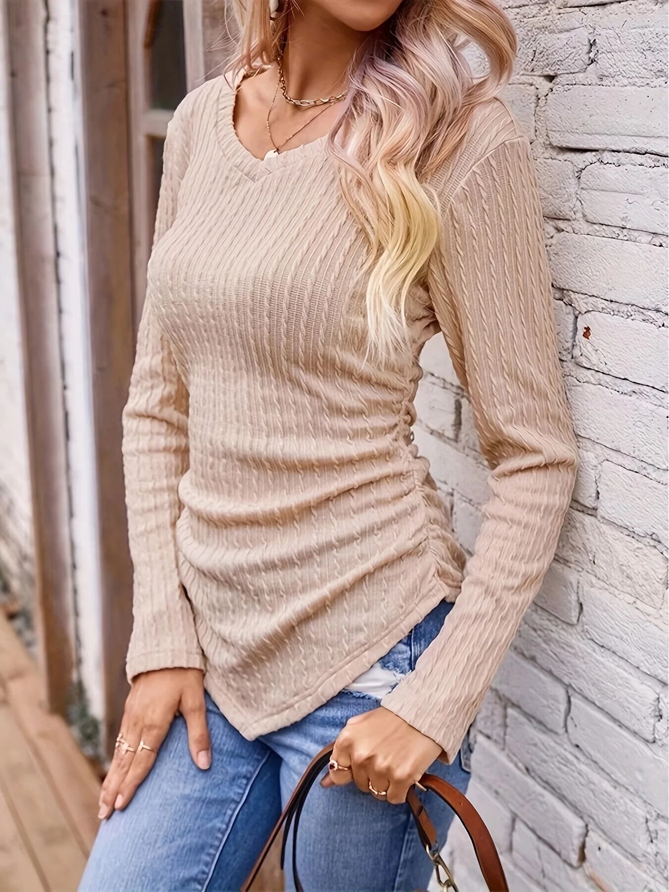 2024 Autumn and Winter Hot Sale Women's Long Sleeve Irregular Slim V Neck Solid Color Knitwear - The Discount Plug
