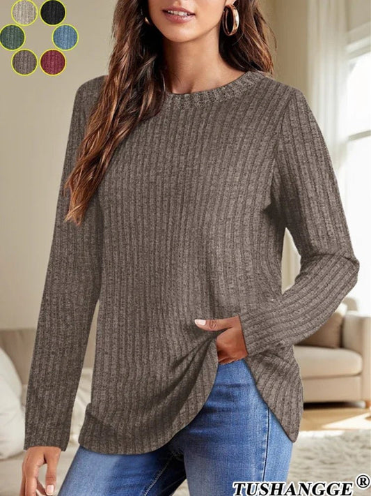 2024 Autumn Women Round Neck Long Sleeved Pit Stripe Pullovers Solid Color Lightweight Ladies Sweaters Comfortable Woman Clothes - The Discount Plug