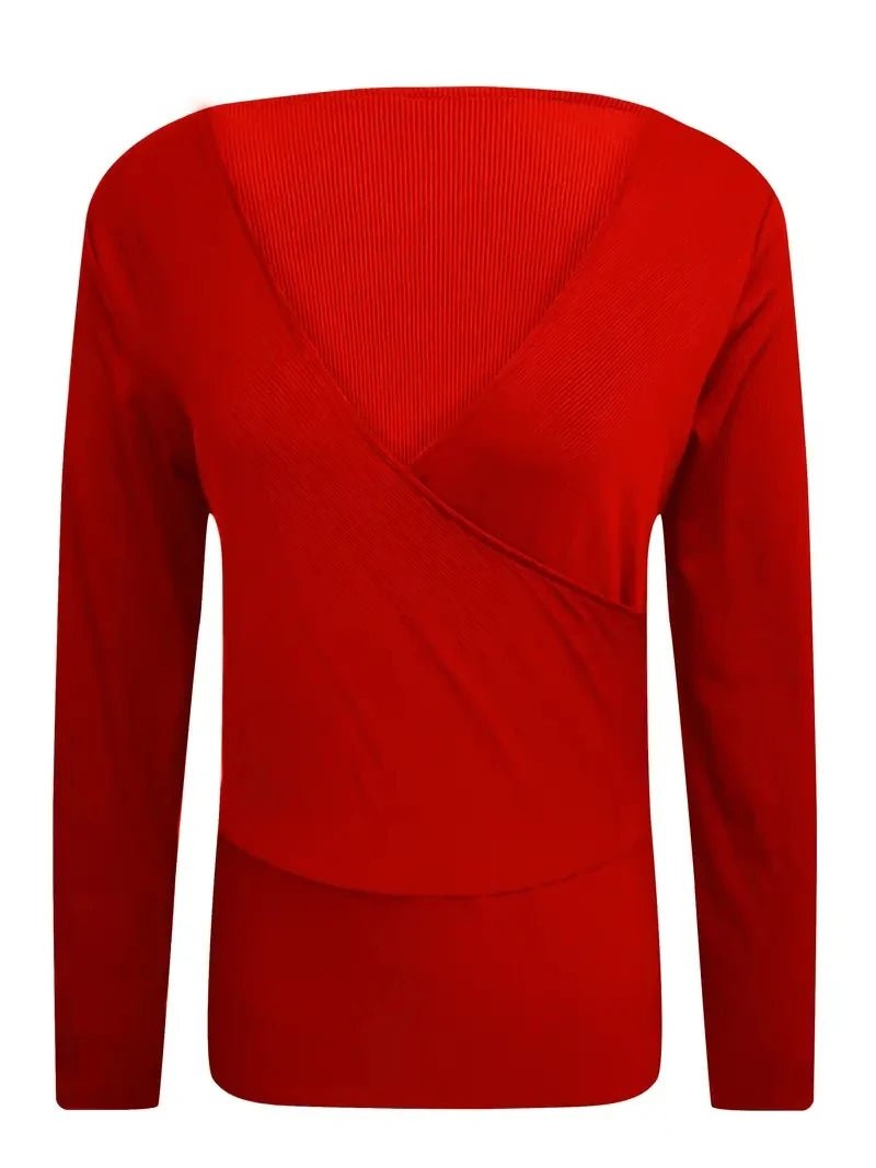 2024 Europe and the United States women's new fashion V - neck shirt slim thread solid color long - sleeved t-shirt - The Discount Plug