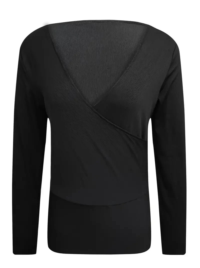 2024 Europe and the United States women's new fashion V - neck shirt slim thread solid color long - sleeved t-shirt - The Discount Plug