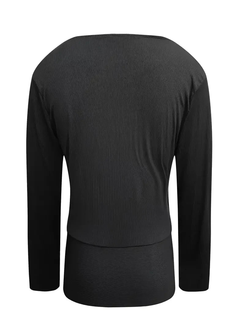 2024 Europe and the United States women's new fashion V - neck shirt slim thread solid color long - sleeved t-shirt - The Discount Plug