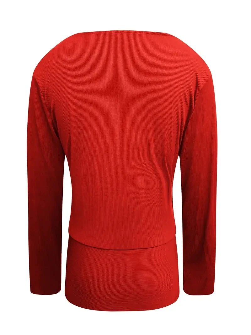 2024 Europe and the United States women's new fashion V - neck shirt slim thread solid color long - sleeved t-shirt - The Discount Plug