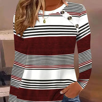 2024 New Autumn Round Neck Long Sleeve Striped Button T-shirt Simple Fashion Women's Top - The Discount Plug