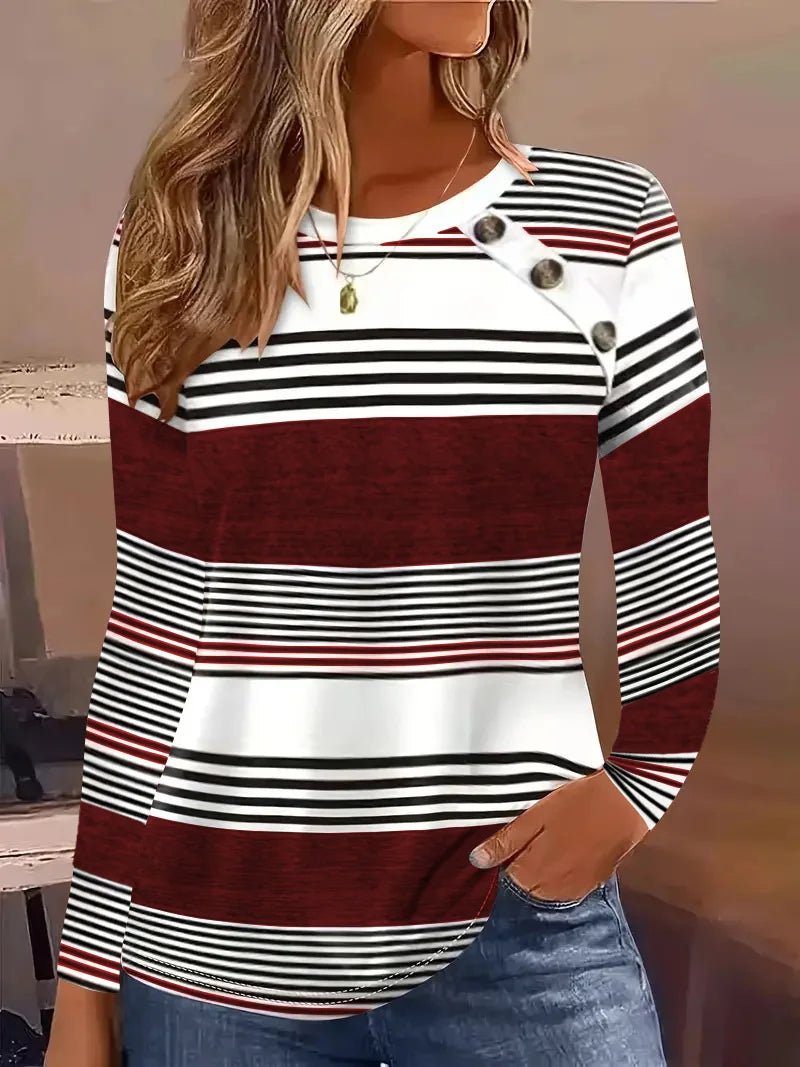 2024 New Autumn Round Neck Long Sleeve Striped Button T-shirt Simple Fashion Women's Top - The Discount Plug