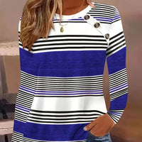 2024 New Autumn Round Neck Long Sleeve Striped Button T-shirt Simple Fashion Women's Top - The Discount Plug