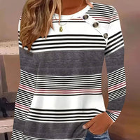 2024 New Autumn Round Neck Long Sleeve Striped Button T-shirt Simple Fashion Women's Top - The Discount Plug