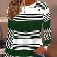 2024 New Autumn Round Neck Long Sleeve Striped Button T-shirt Simple Fashion Women's Top - The Discount Plug