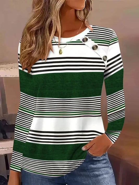2024 New Autumn Round Neck Long Sleeve Striped Button T-shirt Simple Fashion Women's Top - The Discount Plug