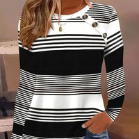 2024 New Autumn Round Neck Long Sleeve Striped Button T-shirt Simple Fashion Women's Top - The Discount Plug