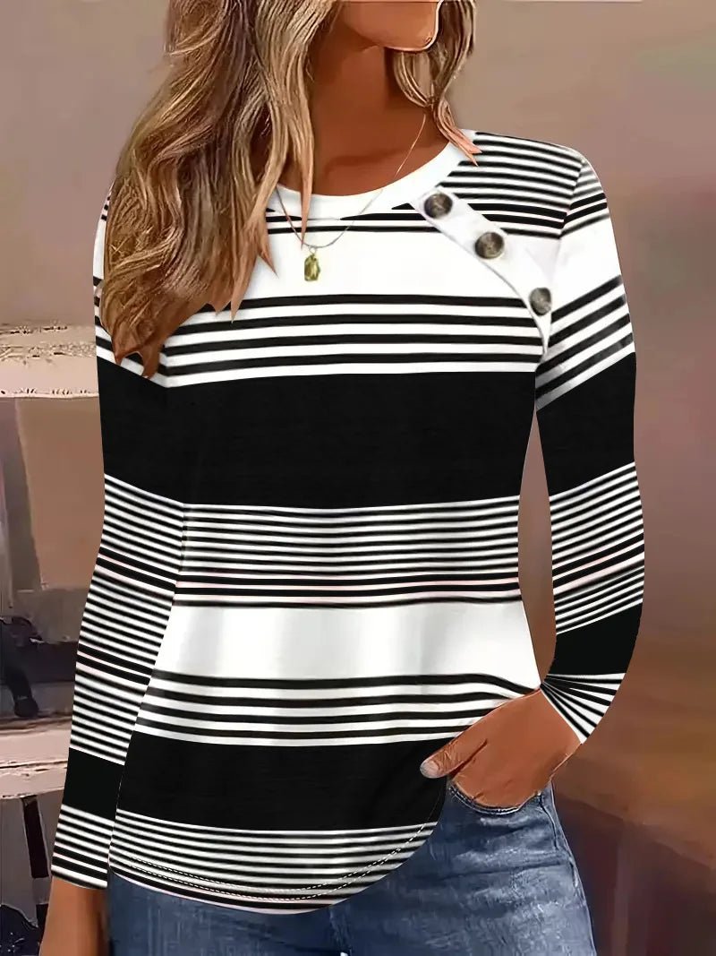 2024 New Autumn Round Neck Long Sleeve Striped Button T-shirt Simple Fashion Women's Top - The Discount Plug