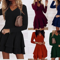 2024 NEW Autumn V - Neck Solid Color Fashion Mid Waist Pullover Panel Bottom Fashion Versatile Style Long Sleeve Women's Dress - The Discount Plug