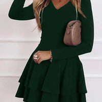 2024 NEW Autumn V - Neck Solid Color Fashion Mid Waist Pullover Panel Bottom Fashion Versatile Style Long Sleeve Women's Dress - The Discount Plug