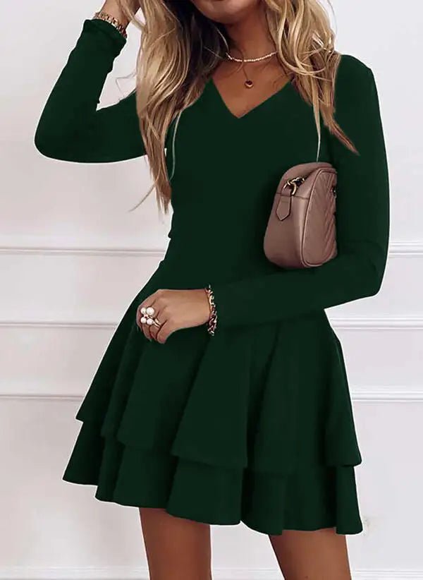 2024 NEW Autumn V - Neck Solid Color Fashion Mid Waist Pullover Panel Bottom Fashion Versatile Style Long Sleeve Women's Dress - The Discount Plug