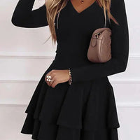 2024 NEW Autumn V - Neck Solid Color Fashion Mid Waist Pullover Panel Bottom Fashion Versatile Style Long Sleeve Women's Dress - The Discount Plug