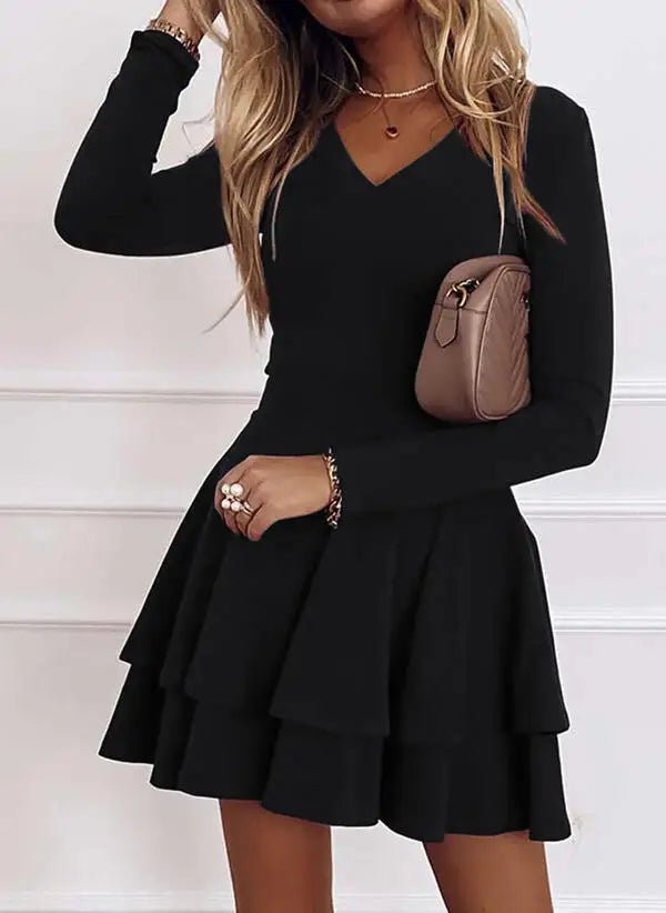 2024 NEW Autumn V - Neck Solid Color Fashion Mid Waist Pullover Panel Bottom Fashion Versatile Style Long Sleeve Women's Dress - The Discount Plug