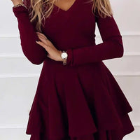 2024 NEW Autumn V - Neck Solid Color Fashion Mid Waist Pullover Panel Bottom Fashion Versatile Style Long Sleeve Women's Dress - The Discount Plug