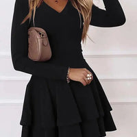 2024 NEW Autumn V - Neck Solid Color Fashion Mid Waist Pullover Panel Bottom Fashion Versatile Style Long Sleeve Women's Dress - The Discount Plug