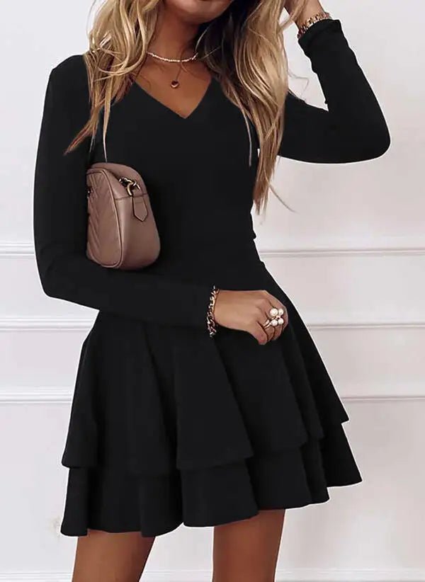 2024 NEW Autumn V - Neck Solid Color Fashion Mid Waist Pullover Panel Bottom Fashion Versatile Style Long Sleeve Women's Dress - The Discount Plug