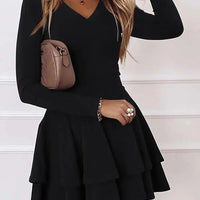 2024 NEW Autumn V - Neck Solid Color Fashion Mid Waist Pullover Panel Bottom Fashion Versatile Style Long Sleeve Women's Dress - The Discount Plug