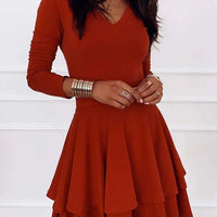 2024 NEW Autumn V - Neck Solid Color Fashion Mid Waist Pullover Panel Bottom Fashion Versatile Style Long Sleeve Women's Dress - The Discount Plug