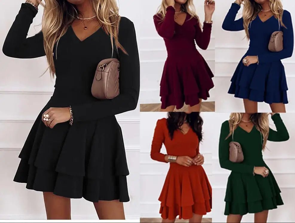 2024 NEW Autumn V - Neck Solid Color Fashion Mid Waist Pullover Panel Bottom Fashion Versatile Style Long Sleeve Women's Dress - The Discount Plug