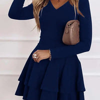 2024 NEW Autumn V - Neck Solid Color Fashion Mid Waist Pullover Panel Bottom Fashion Versatile Style Long Sleeve Women's Dress - The Discount Plug