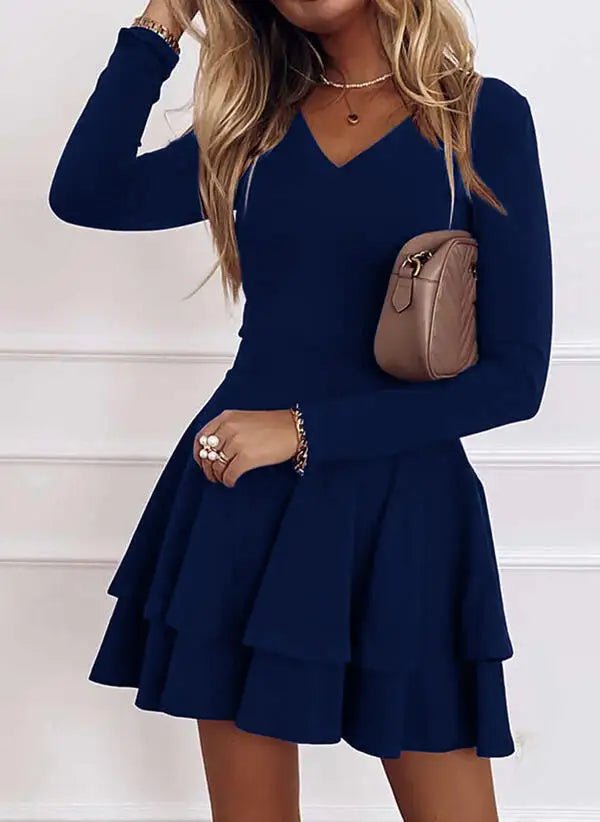 2024 NEW Autumn V - Neck Solid Color Fashion Mid Waist Pullover Panel Bottom Fashion Versatile Style Long Sleeve Women's Dress - The Discount Plug
