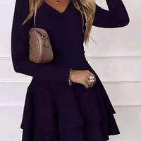 2024 NEW Autumn V - Neck Solid Color Fashion Mid Waist Pullover Panel Bottom Fashion Versatile Style Long Sleeve Women's Dress - The Discount Plug