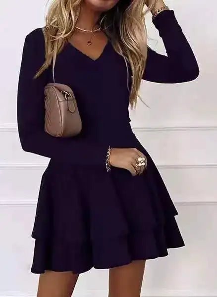 2024 NEW Autumn V - Neck Solid Color Fashion Mid Waist Pullover Panel Bottom Fashion Versatile Style Long Sleeve Women's Dress - The Discount Plug