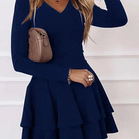 2024 NEW Autumn V - Neck Solid Color Fashion Mid Waist Pullover Panel Bottom Fashion Versatile Style Long Sleeve Women's Dress - The Discount Plug