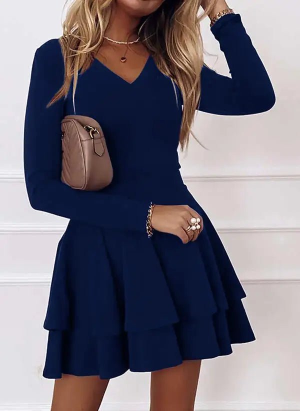2024 NEW Autumn V - Neck Solid Color Fashion Mid Waist Pullover Panel Bottom Fashion Versatile Style Long Sleeve Women's Dress - The Discount Plug