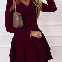 2024 NEW Autumn V - Neck Solid Color Fashion Mid Waist Pullover Panel Bottom Fashion Versatile Style Long Sleeve Women's Dress - The Discount Plug