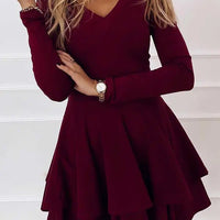 2024 NEW Autumn V - Neck Solid Color Fashion Mid Waist Pullover Panel Bottom Fashion Versatile Style Long Sleeve Women's Dress - The Discount Plug