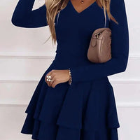 2024 NEW Autumn V - Neck Solid Color Fashion Mid Waist Pullover Panel Bottom Fashion Versatile Style Long Sleeve Women's Dress - The Discount Plug