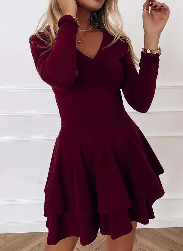 2024 NEW Autumn V - Neck Solid Color Fashion Mid Waist Pullover Panel Bottom Fashion Versatile Style Long Sleeve Women's Dress - The Discount Plug
