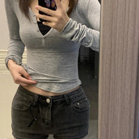 2025 Autumn New V - neck Tops Mujer Y2k Grunge Slim Fit Long Sleeve Tee Shirt Fashion Sexy All - match T-shirt for Women - The Discount Plug