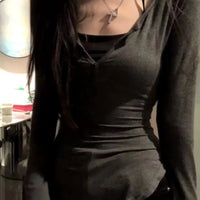 2025 Autumn New V - neck Tops Mujer Y2k Grunge Slim Fit Long Sleeve Tee Shirt Fashion Sexy All - match T-shirt for Women - The Discount Plug