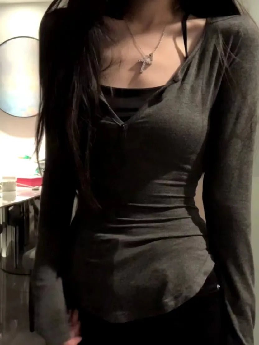 2025 Autumn New V - neck Tops Mujer Y2k Grunge Slim Fit Long Sleeve Tee Shirt Fashion Sexy All - match T-shirt for Women - The Discount Plug