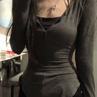 2025 Autumn New V - neck Tops Mujer Y2k Grunge Slim Fit Long Sleeve Tee Shirt Fashion Sexy All - match T-shirt for Women - The Discount Plug