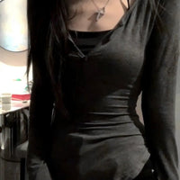 2025 Autumn New V - neck Tops Mujer Y2k Grunge Slim Fit Long Sleeve Tee Shirt Fashion Sexy All - match T-shirt for Women - The Discount Plug