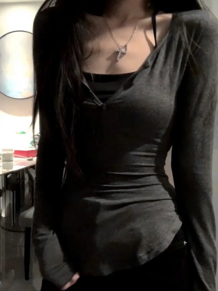 2025 Autumn New V - neck Tops Mujer Y2k Grunge Slim Fit Long Sleeve Tee Shirt Fashion Sexy All - match T-shirt for Women - The Discount Plug