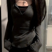 2025 Autumn New V - neck Tops Mujer Y2k Grunge Slim Fit Long Sleeve Tee Shirt Fashion Sexy All - match T-shirt for Women - The Discount Plug